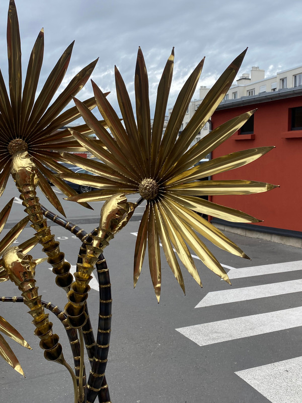 1970′ Yuka Palm Tree Floor Lamp Brass and Patinated Iron Maison Jansen 3 Heads Brutalist Style H 215 cm
