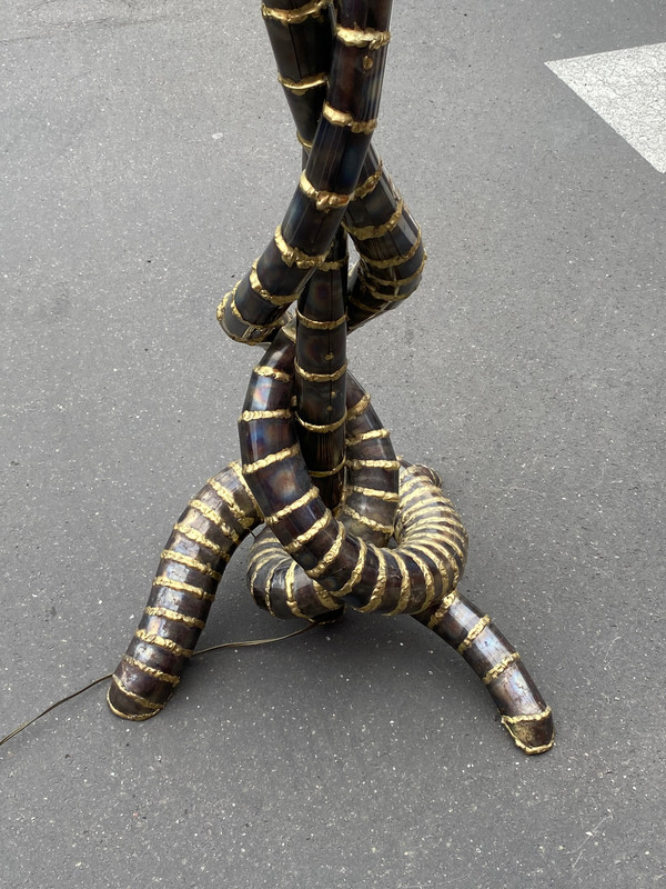 1970′ Yuka Palm Tree Floor Lamp Brass and Patinated Iron Maison Jansen 3 Heads Brutalist Style H 215 cm