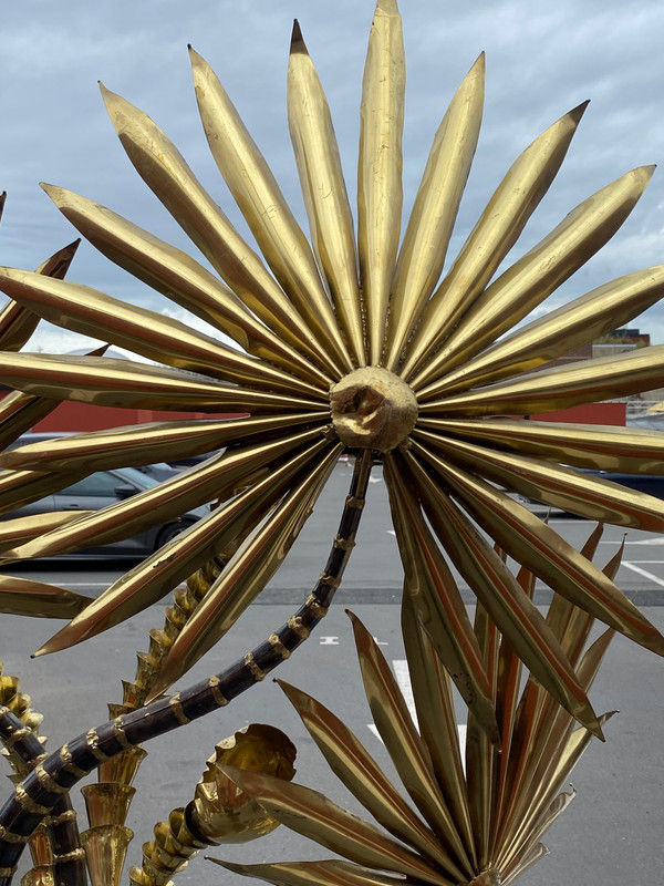 1970′ Yuka Palm Tree Floor Lamp Brass and Patinated Iron Maison Jansen 3 Heads Brutalist Style H 215 cm