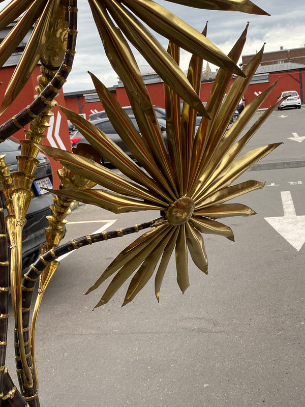1970′ Yuka Palm Tree Floor Lamp Brass and Patinated Iron Maison Jansen 3 Heads Brutalist Style H 215 cm