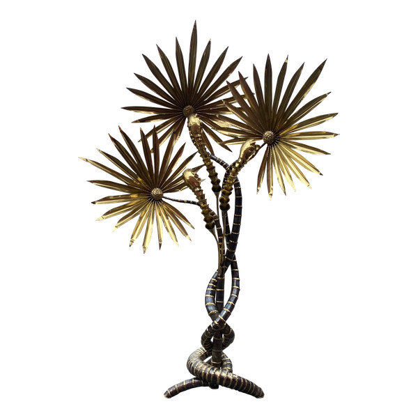 1970′ Yuka Palm Tree Floor Lamp Brass and Patinated Iron Maison Jansen 3 Heads Brutalist Style H 215 cm