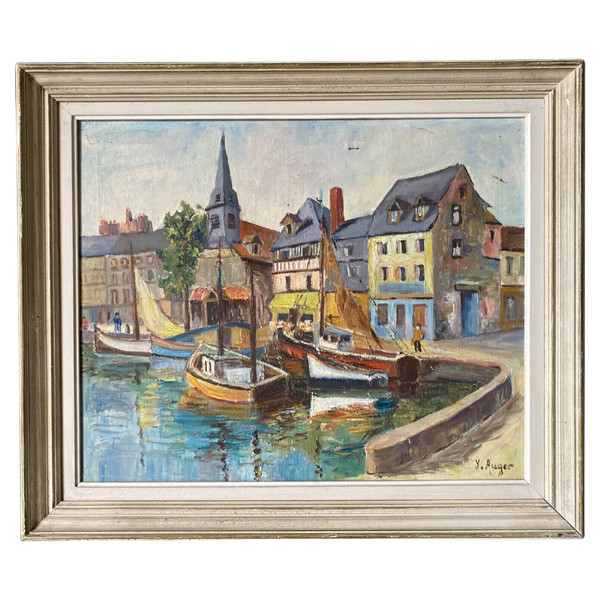 Oil on canvas by Yves Auger depicting Le Port d'Aix-les-Bains 20th century