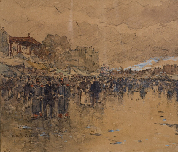 Acquerello su carta di Francis Garat Scena di strada Parigi XX arrondissement