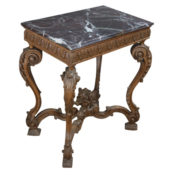 Table rocaille en noyer sculpté dessus marbre 