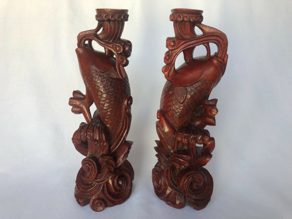 Ironwood candlesticks with hand-carved carp design Japan marking