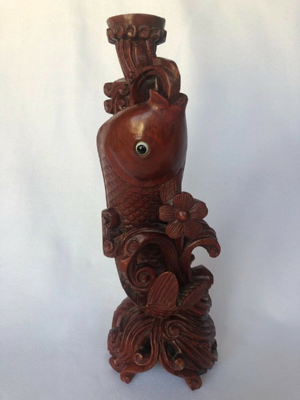 Ironwood candlesticks with hand-carved carp design Japan marking