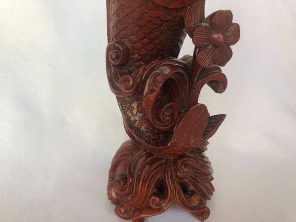 Ironwood candlesticks with hand-carved carp design Japan marking