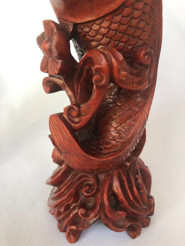 Ironwood candlesticks with hand-carved carp design Japan marking