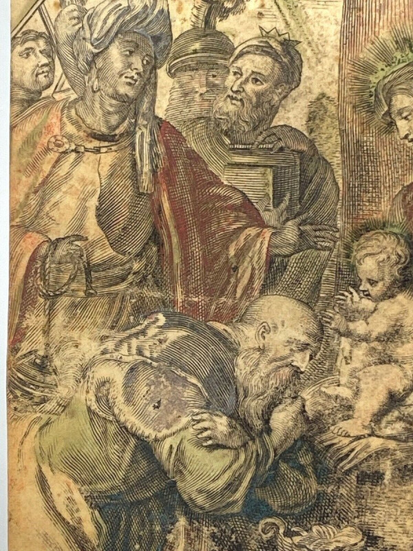 Parchemin XVIIe peinture religieuse scène à l'Antique