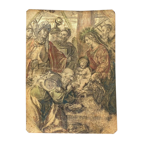 Parchemin XVIIe peinture religieuse scène à l'Antique