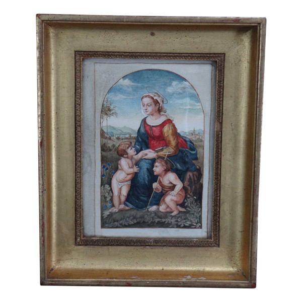 Aquarelle Vierge à l'Enfant cadre doré XIXe