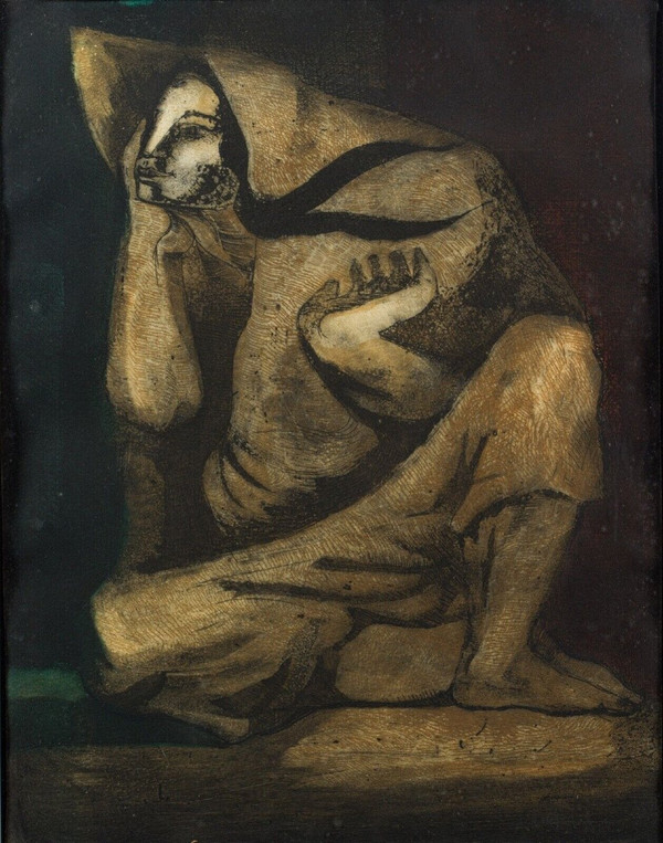Gouache auf Papier Portugal Frau mit Schleier 1960 Plexiglasrahmen