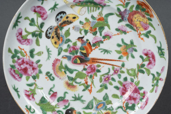 19th century Canton porcelain plate with floral and butterfly design