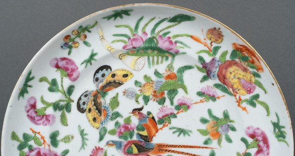 19th century Canton porcelain plate with floral and butterfly design