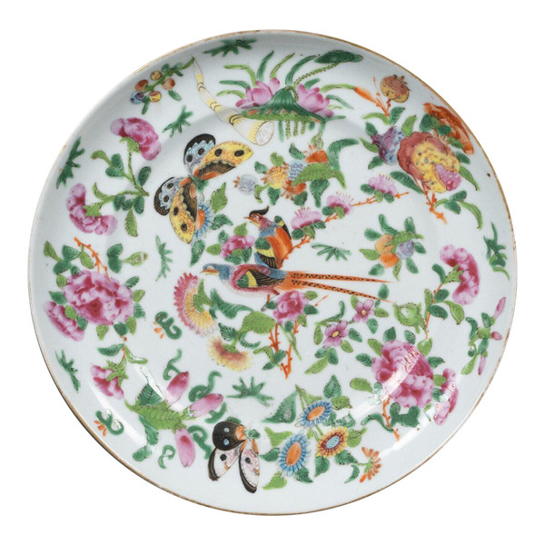 19th century Canton porcelain plate with floral and butterfly design