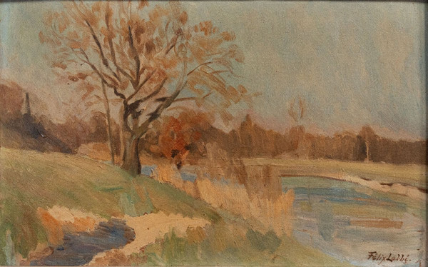 Huile sur panneau par Félix Labbé XXe bords de rivière cadre cérusé
