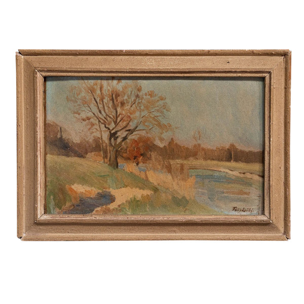 Huile sur panneau par Félix Labbé XXe bords de rivière cadre cérusé
