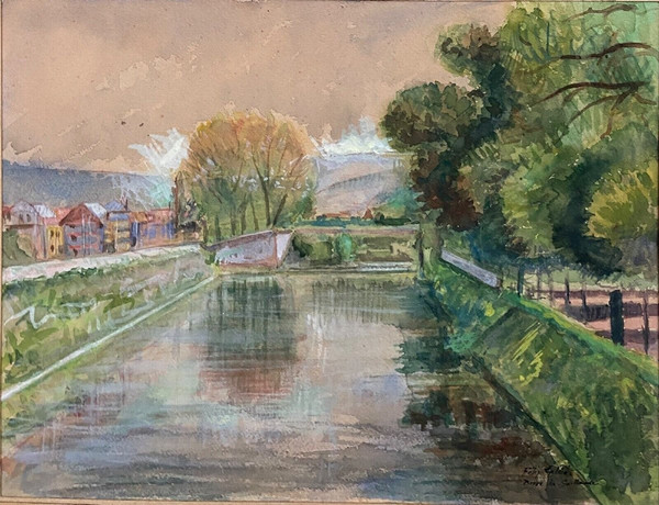 Watercolor on paper by Félix Labbé Brive-la-Gaillarde canal bank 20th century