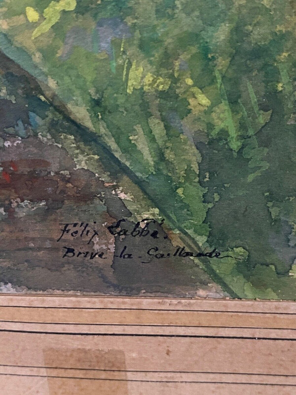Watercolor on paper by Félix Labbé Brive-la-Gaillarde canal bank 20th century