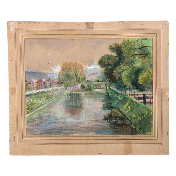 Watercolor on paper by Félix Labbé Brive-la-Gaillarde canal bank 20th century