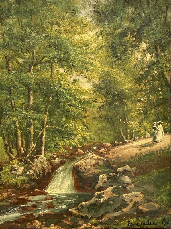 Olio su tavola promenade des artistes à Spa Sous-bois de Spa XX secolo