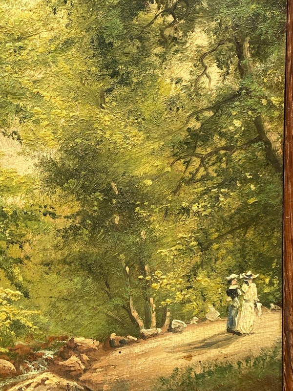 Olio su tavola promenade des artistes à Spa Sous-bois de Spa XX secolo