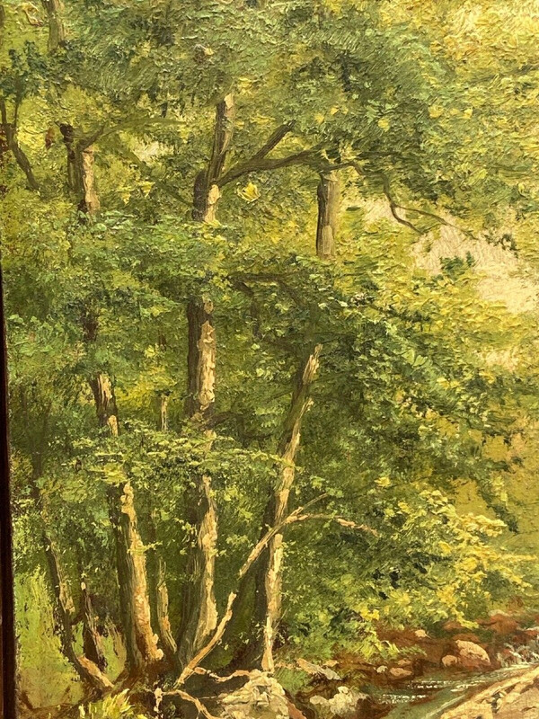 Olio su tavola promenade des artistes à Spa Sous-bois de Spa XX secolo