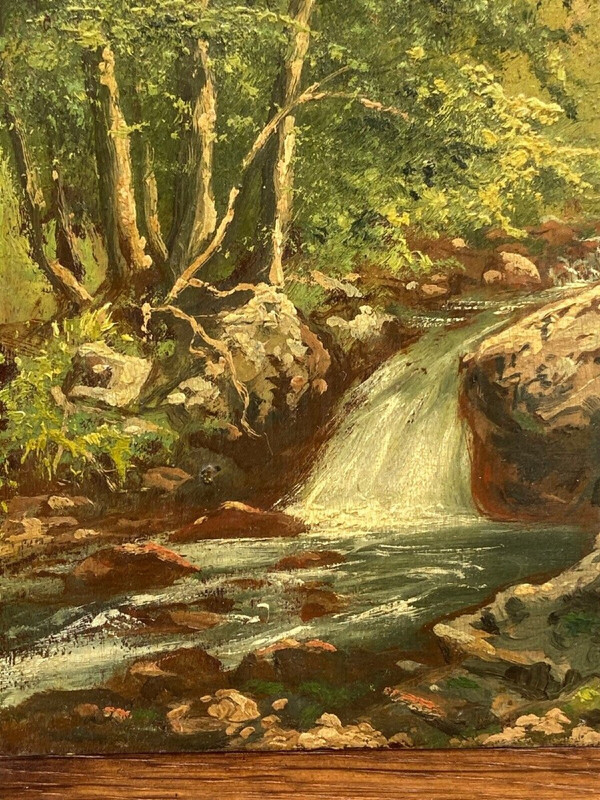 Olio su tavola promenade des artistes à Spa Sous-bois de Spa XX secolo
