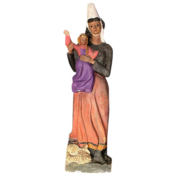 Virgin and Child in Breton plaster 1900 polychrome modeling