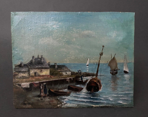 Oil on panel XXth marine scene signed gold leaf frame