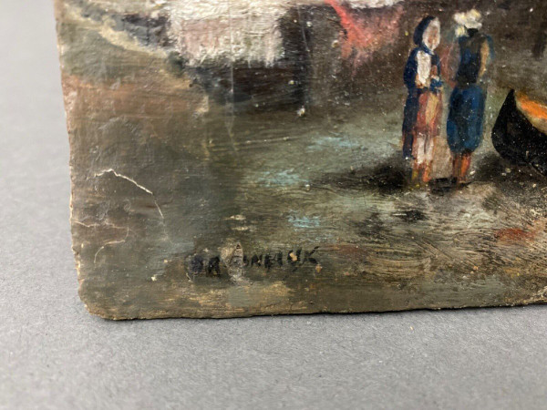 Oil on panel XXth marine scene signed gold leaf frame