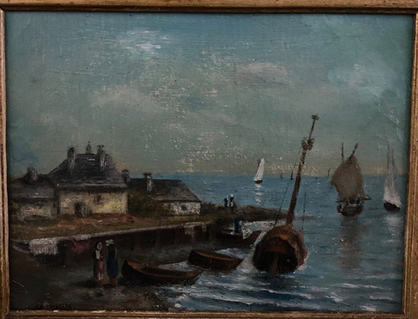 Oil on panel XXth marine scene signed gold leaf frame