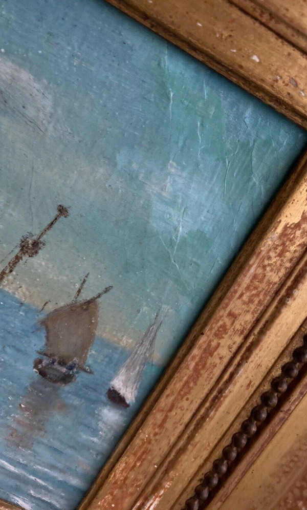 Oil on panel XXth marine scene signed gold leaf frame