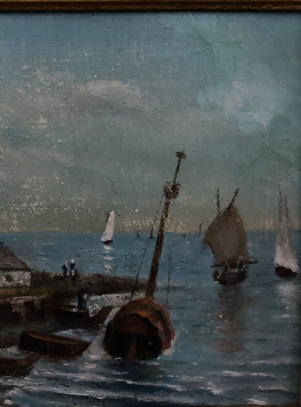 Oil on panel XXth marine scene signed gold leaf frame