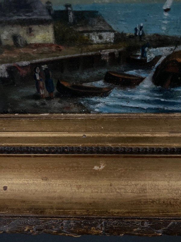 Oil on panel XXth marine scene signed gold leaf frame