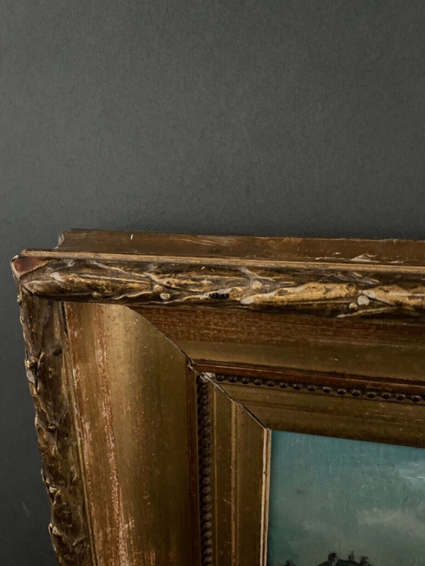 Oil on panel XXth marine scene signed gold leaf frame