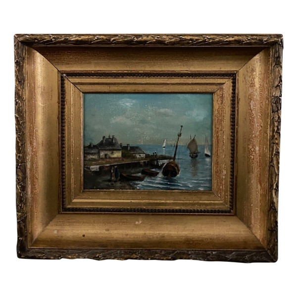 Oil on panel XXth marine scene signed gold leaf frame