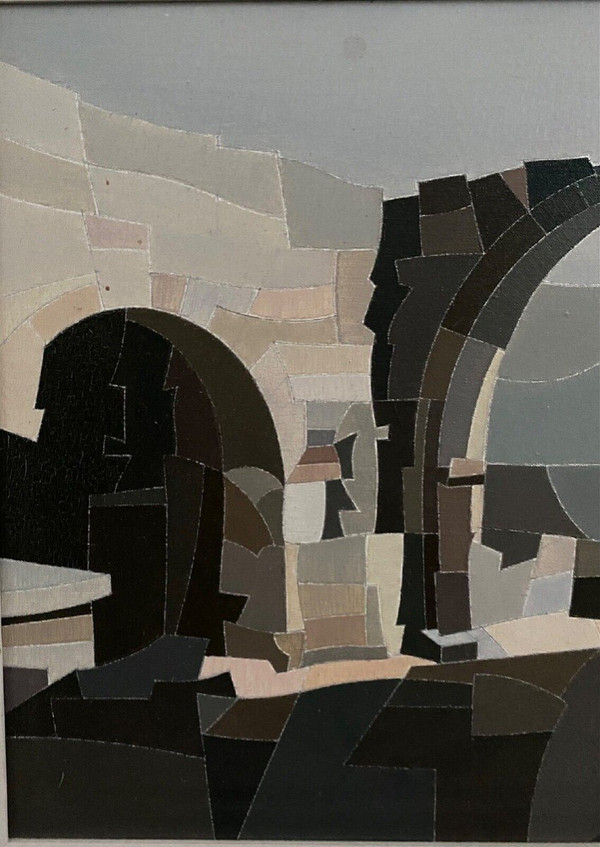 Öl auf Leinwand Alain L'Hermitte Lhermitte geometrische Architektur des 20. Jahrhunderts