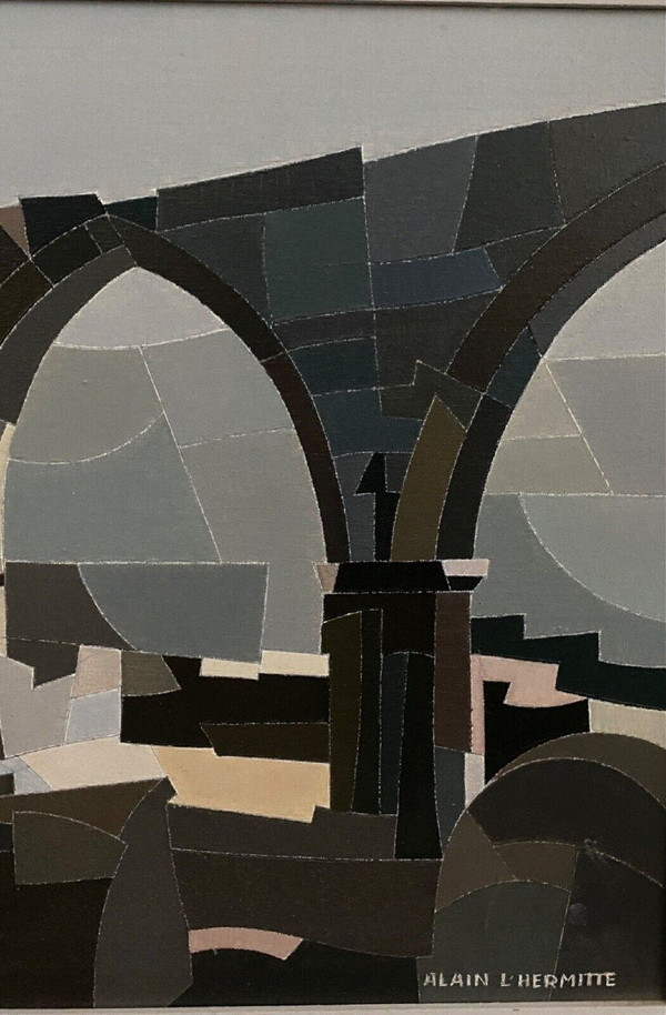 Öl auf Leinwand Alain L'Hermitte Lhermitte geometrische Architektur des 20. Jahrhunderts
