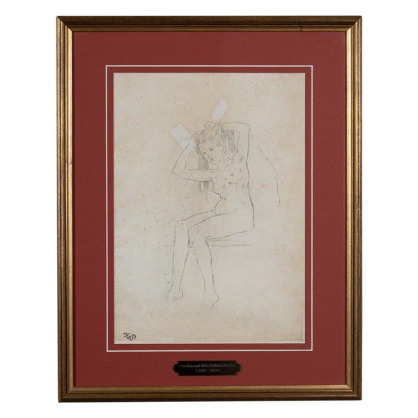 Drawing of a naked woman The Model by Ferdinand du Puigaudeau in a golden frame