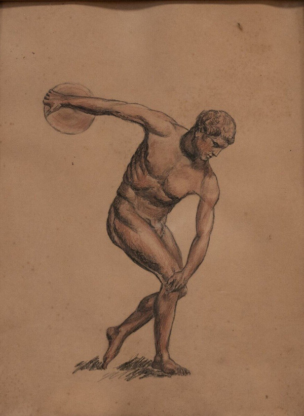 Charcoal drawing red chalk Discobolus Fine Arts pitch pine frame 1930