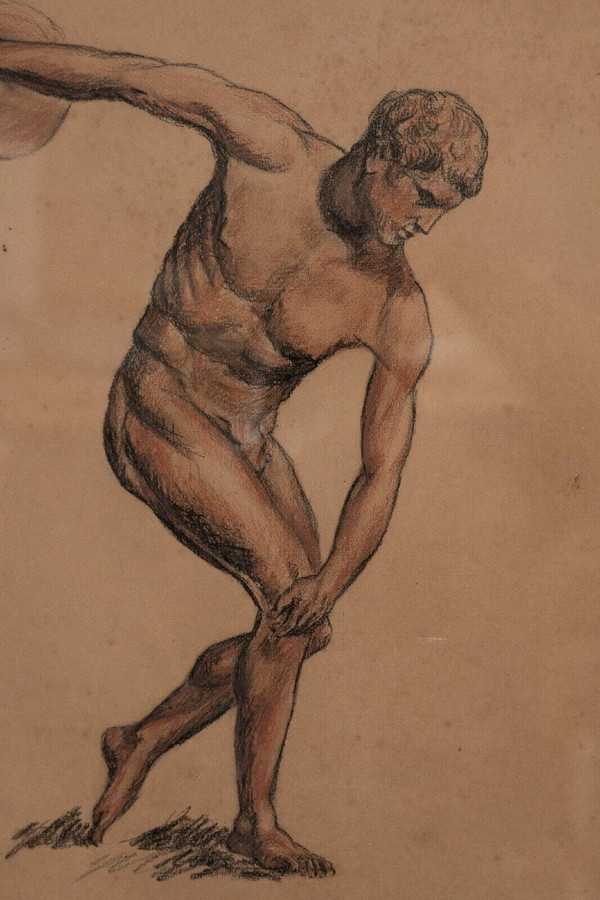 Charcoal drawing red chalk Discobolus Fine Arts pitch pine frame 1930