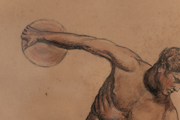 Charcoal drawing red chalk Discobolus Fine Arts pitch pine frame 1930