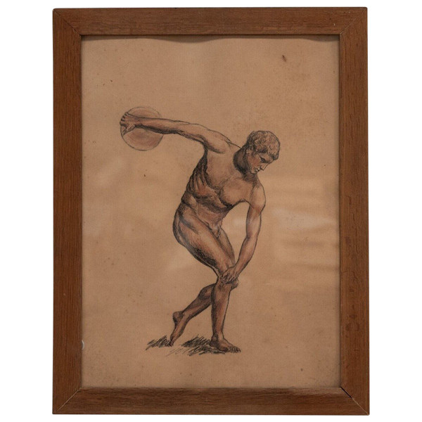 Charcoal drawing red chalk Discobolus Fine Arts pitch pine frame 1930