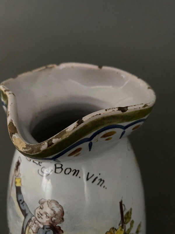 Antique Nevers Montagnon earthenware pitcher Vive le Bon Vin 1900