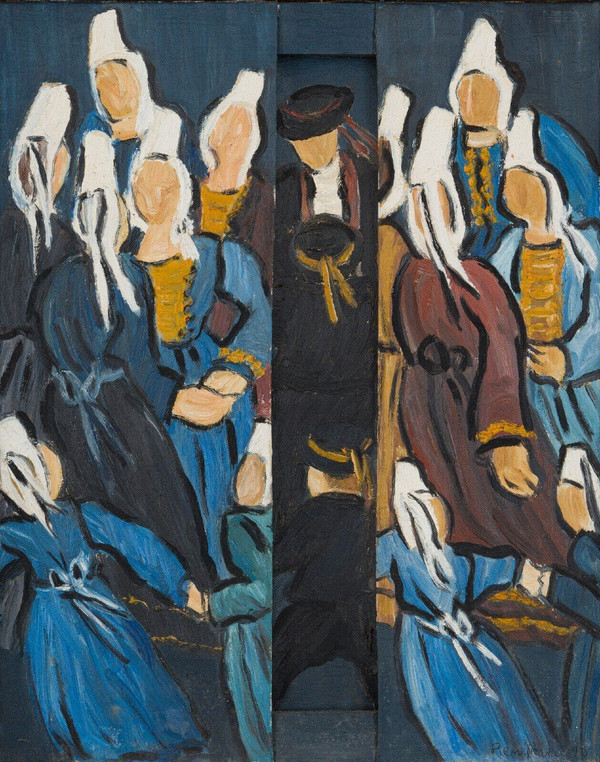 Trittico olio su tela di René France 1996 Bretoni in costume