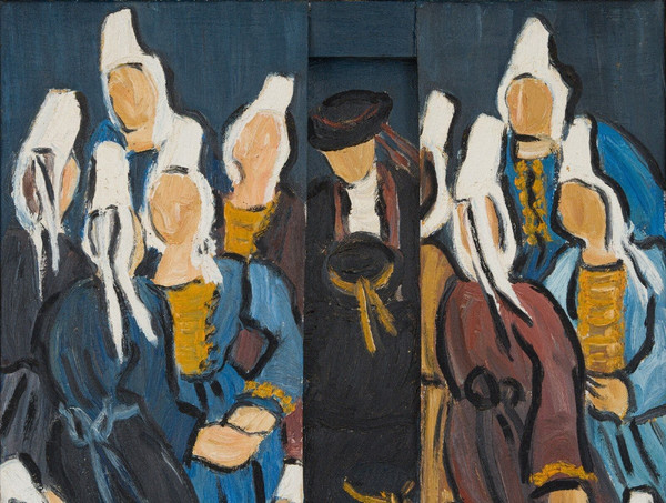 Trittico olio su tela di René France 1996 Bretoni in costume