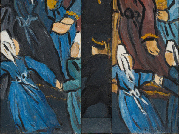 Trittico olio su tela di René France 1996 Bretoni in costume