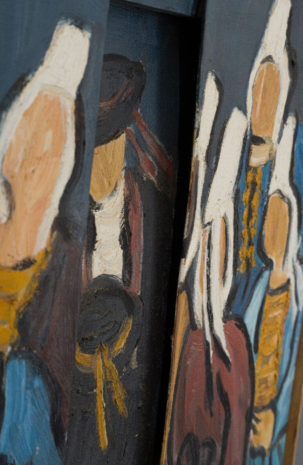 Trittico olio su tela di René France 1996 Bretoni in costume