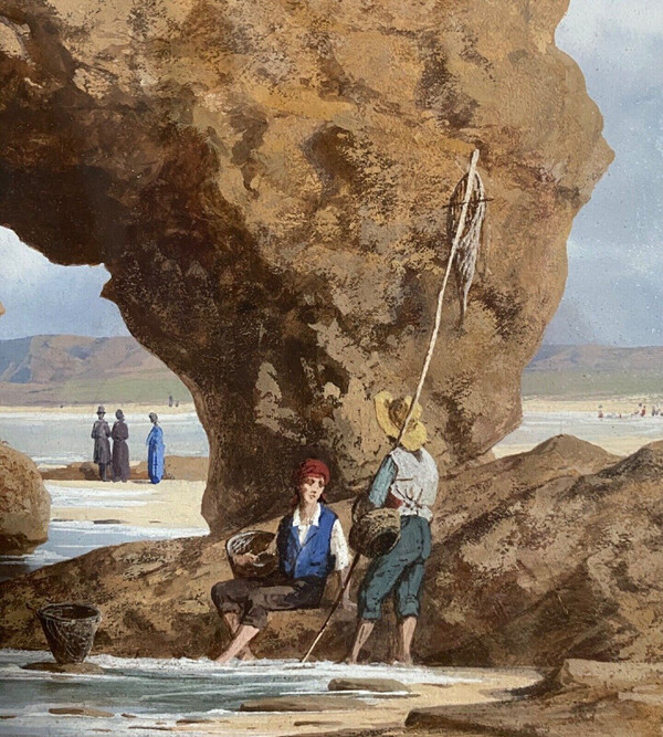 Acquerello su carta di Stanislas Pons Pescatori a piedi XIX secolo